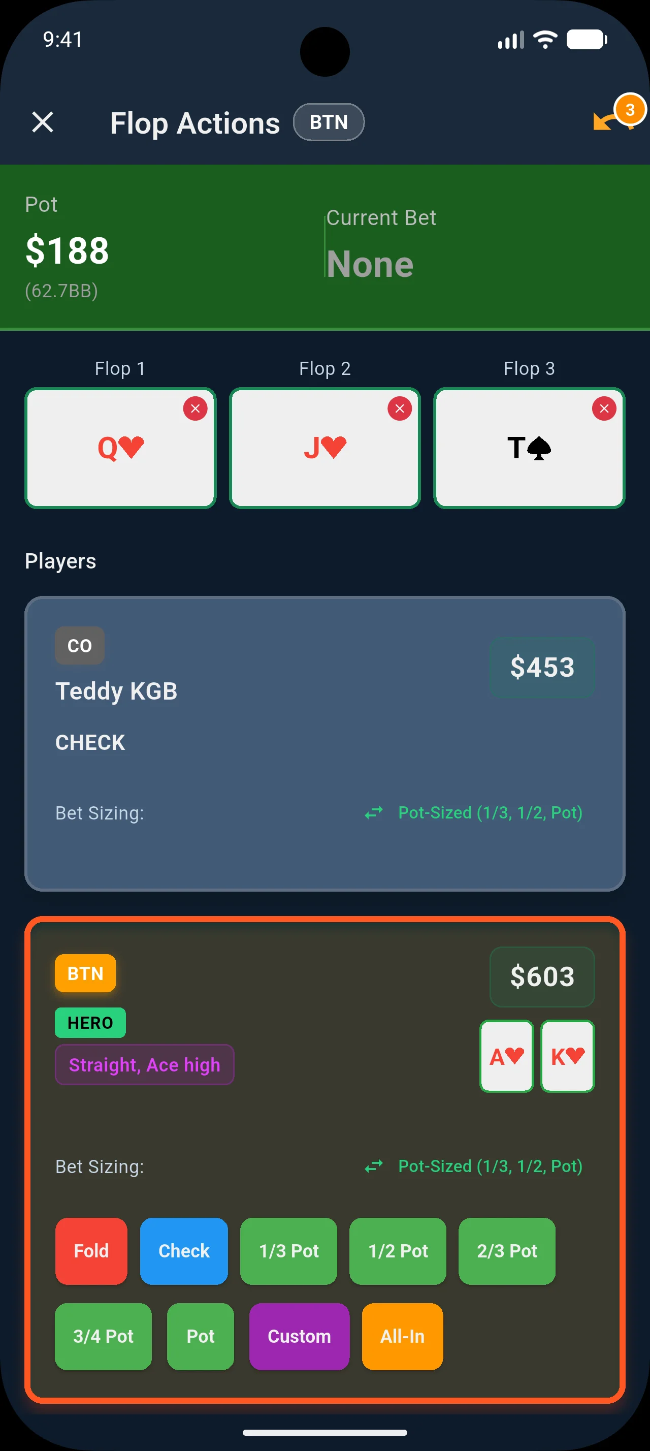 Postflop board with action cycling