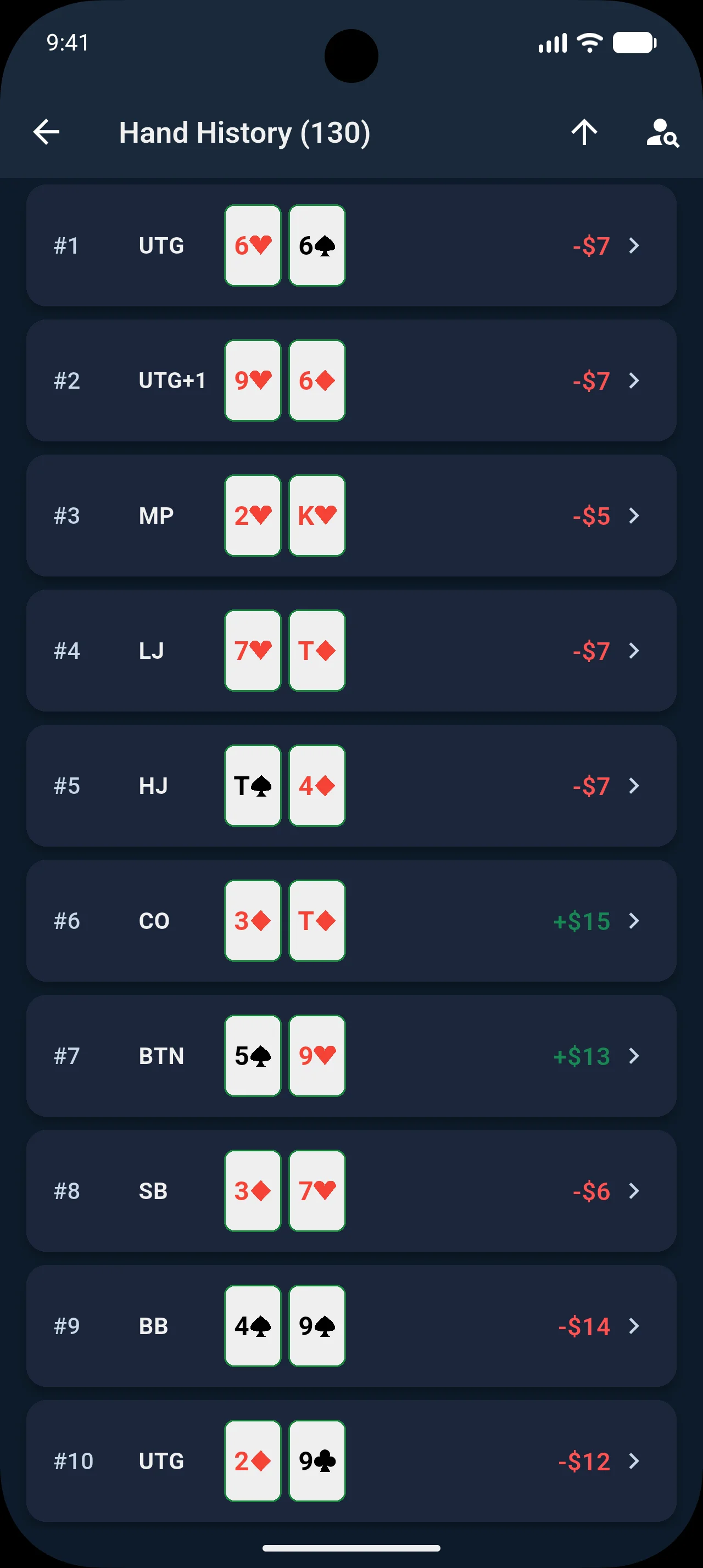 Hand history list showing recorded hands with results
