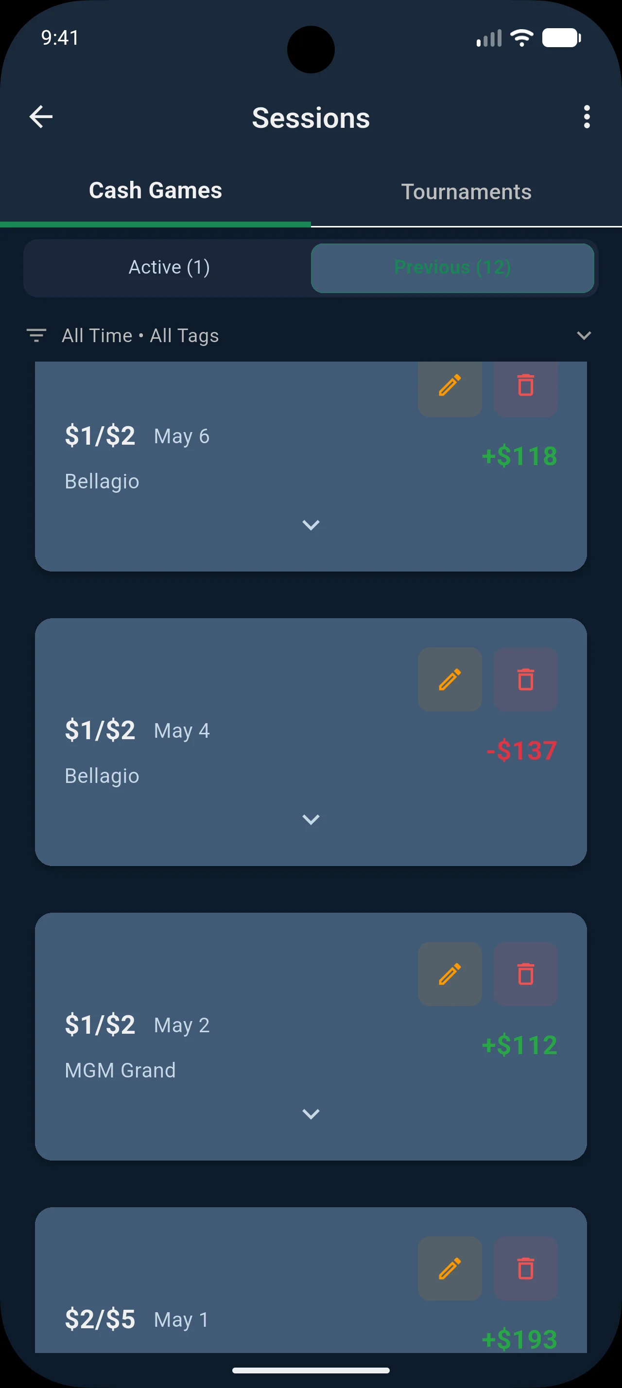 Session list showing multiple poker sessions with profit and loss