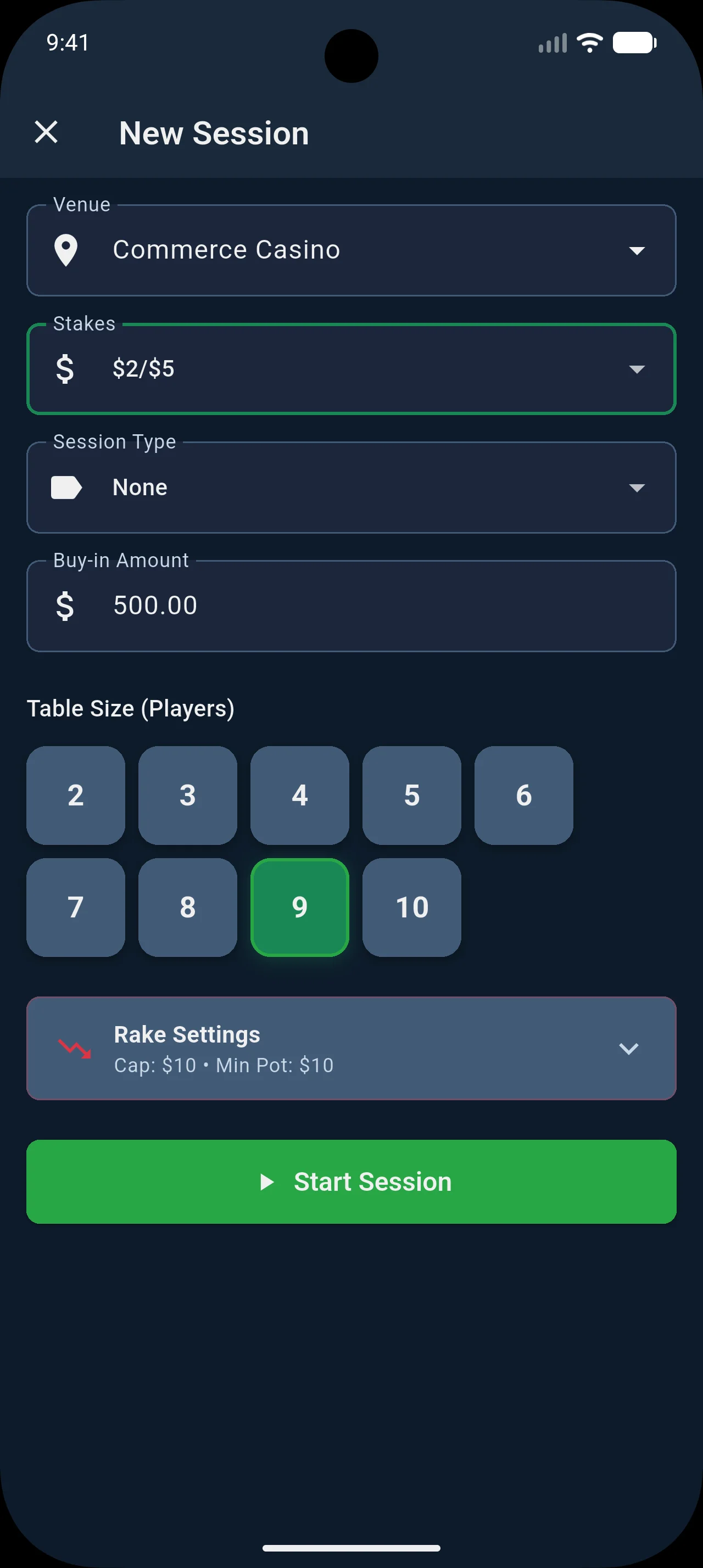 Session creation screen with stakes and table size