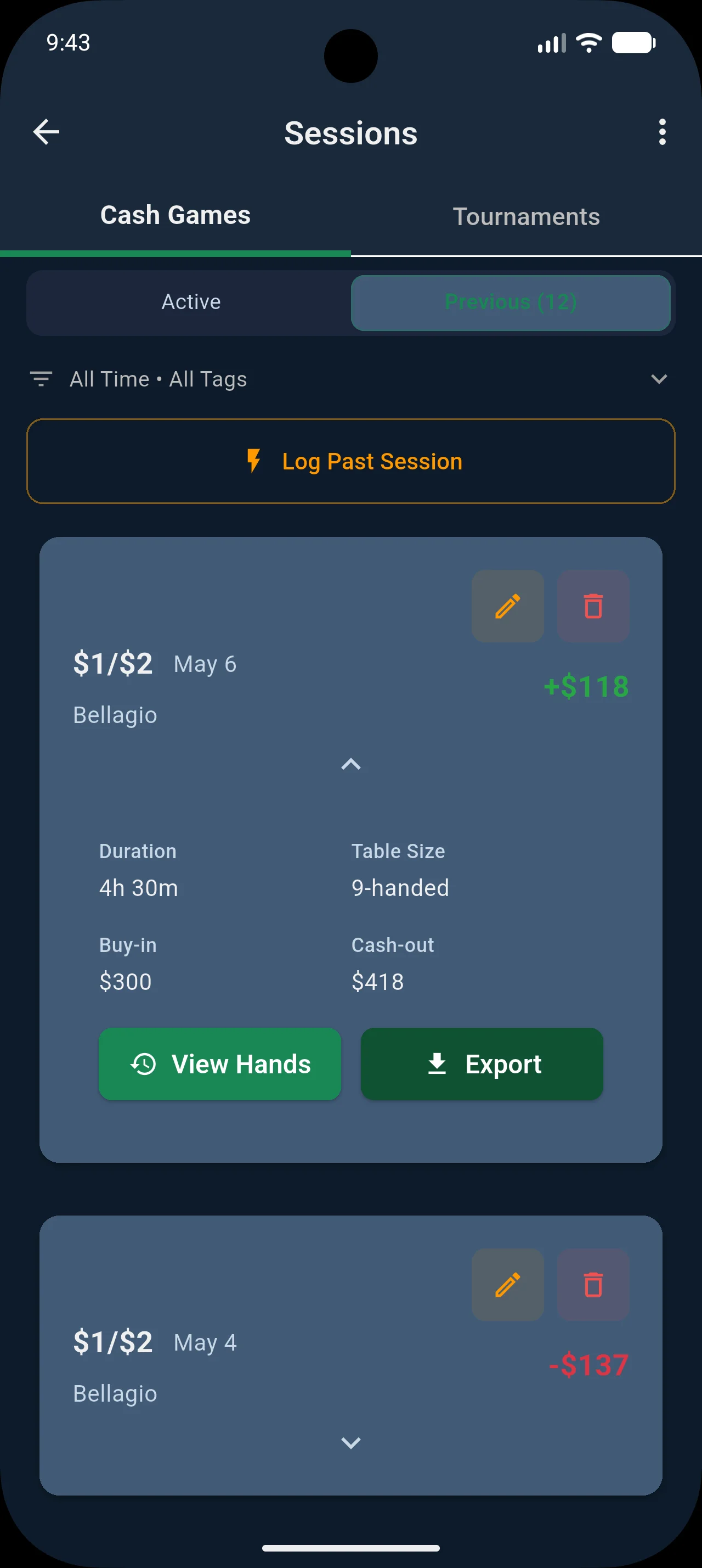 Session detail with cash out and notes